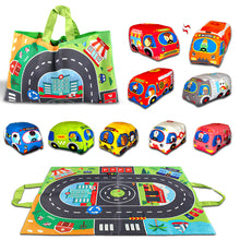 Load image into Gallery viewer, Koolbitz Kids Soft Car Toys with Playmat Storage Bag Infant Baby Toddler Toys Age 12-18 Months 1-2, 1st Birthday Gifts for Boy Girl Baby Kids Pretend Play 6 Baby Cloth Cars Sets
