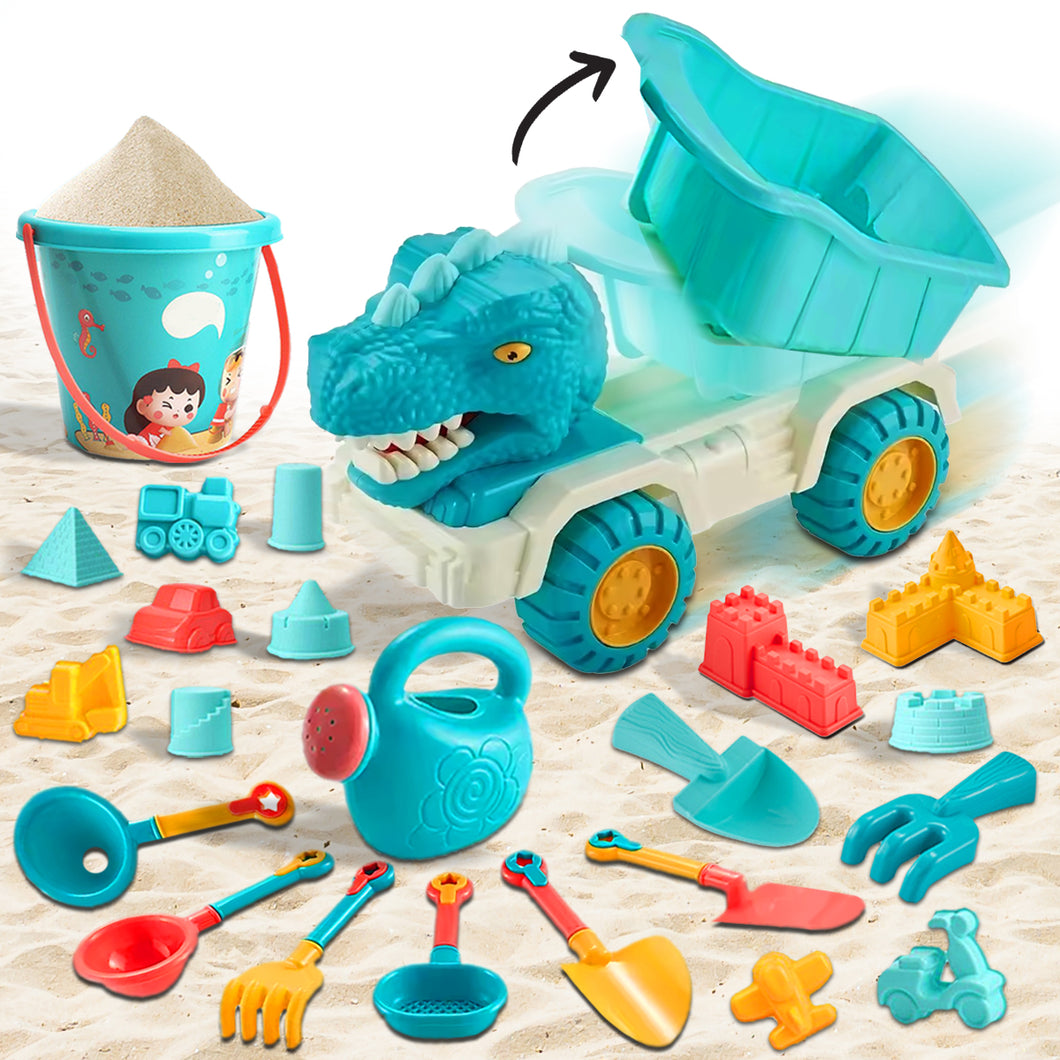 Koolbitz 23 Pcs Kids Beach Sand Play Set - Sand Bucket, Molds, Tools, and Dinosaur Truck for Outdoor Activities and Sandbox Play, Ages 3+