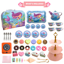 Load image into Gallery viewer, Koolbitz Kids Pretend Play Mermaid Themed Tea Set &amp; Tower Cake Cute 3 Tier Party Cupcake Kids Birthday Party Decorations Supplies &amp; Carrying Case Cake Stand Cupcake Holder Dessert Tower Rounding Serving

