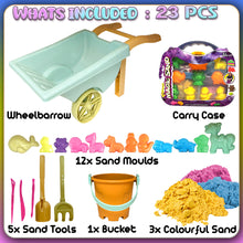 Load image into Gallery viewer, Koolbitz 23 Pcs Kids Beach Wheelbarrow Play Set with Animal Molds, Sand Tools, Carry Case and 1000g of Colorful Sand Creative Sandbox Toy for Toddlers Ages 3+ Ideal for Beach, Garden, and Indoor
