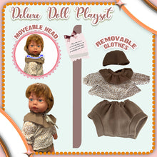 Load image into Gallery viewer, Koolbitz Baby Doll Care Accessories Feeding Playset, 2 Pcs Baby Doll Milk Bottle and Baby Bib, Spoons and Forks and 1 Dinner Plate &amp; Baby lotion, Movable Head Soft Touch Skin Doll Gift for Boy Girl
