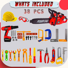Load image into Gallery viewer, Koolbitz 38 Pcs Kids Construction Tool Playset Toy- Red Chainsaw Toy with Sound Effects, Pretend Drill Toy, Helmet and Accessories Toy- Educational Role Play Toy for Boys and Girls Ages 3+

