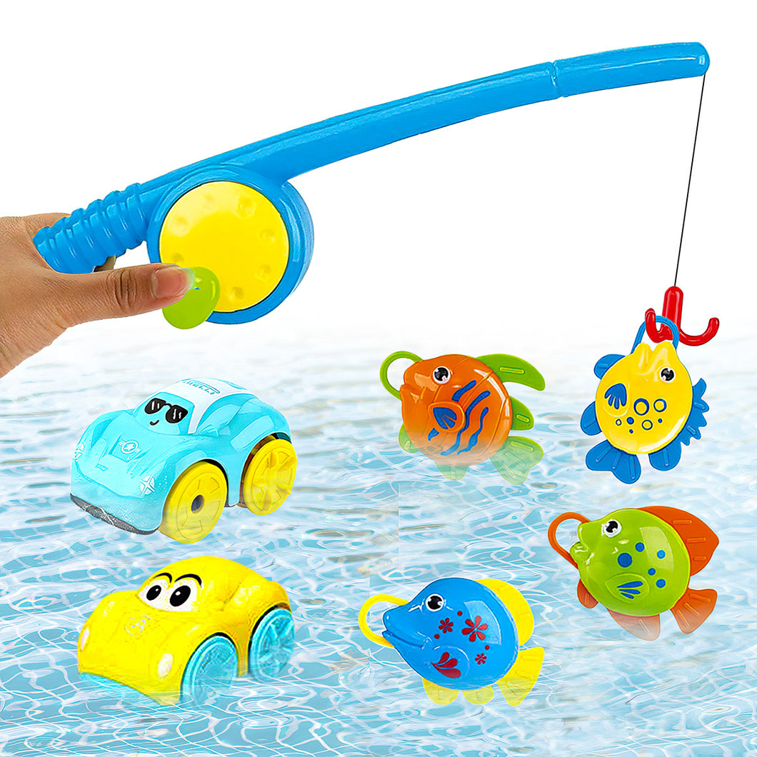 Koolbitz 7PCs Baby Bath Magnet Fishing Rod with 2 Wind-Up Cars & 4 Colorful Fish Bath Tub Playset - Fun Toys Water Game Set Educational Toy Birthday Christmas Newyear Gift