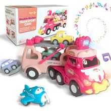 Load image into Gallery viewer, Koolbitz 5 in 1 Car Transport Toy Set for Kids with Light-Up Features Includes Carrier Truck and 4X Play Vehicles Mini Cars - Sounds and Lights - Princess Car Pink Gift for Toddlers Children
