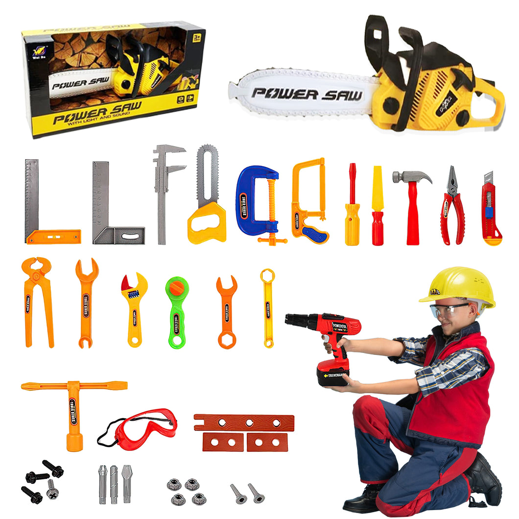 Koolbitz 37 Pcs Engineering Tool Kit Toy Set Pretend Play Chainsaw Tool Kit for Kids Construction Tool Game Set Pretend Play Tool Drill, Chainsaw & Other Tools Game for Children Gift for Boy Girl