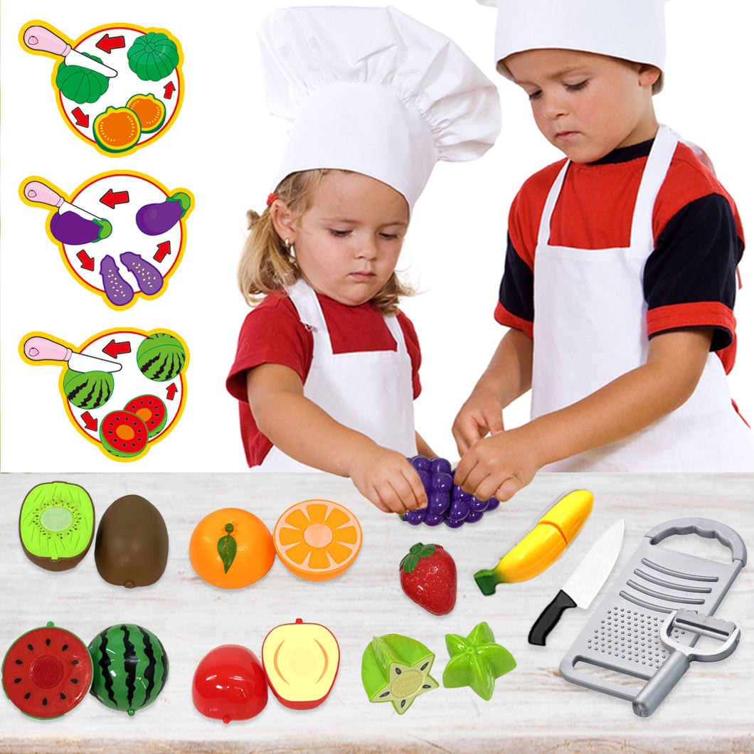 Koolbitz Pretend Play Food Fruit with Velcro Cutting Toys Set with Banana, Orange, Watermelon, Grapes, Apple, Kiwi, Star Fruit, Pretend Knife, Peeler Grater Toddler Kitchen Play Set Birthday Gift