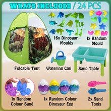 Load image into Gallery viewer, Koolbitz 24 Pcs Dinosaur Sand Playset with Foldable Tent and Sand Table – Includes Random Color Dinosaur Egg, Dinosaur Molds, Tools, and Non-Toxic Sand – Perfect for Children 3 and Up
