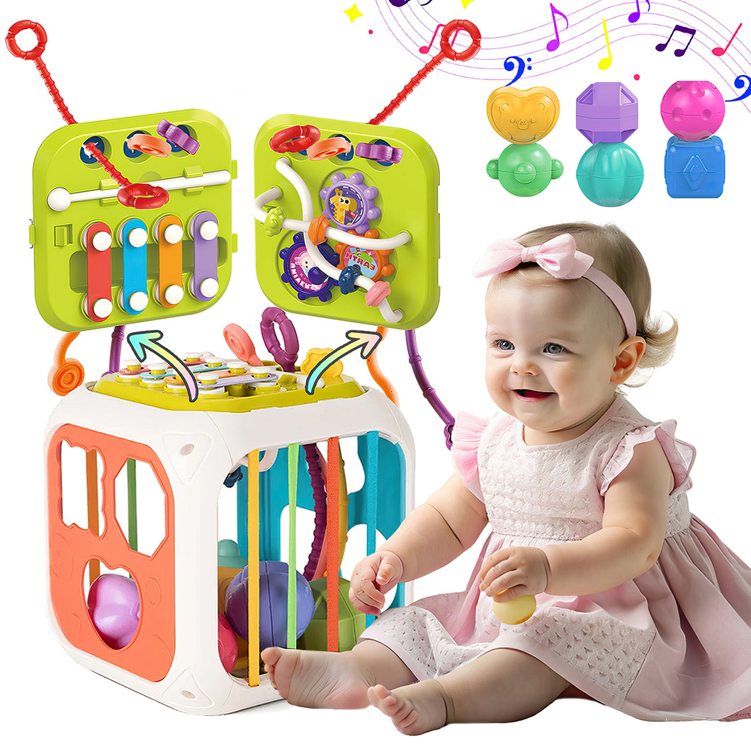Koolbitz Montessori Activity Cube for Toddlers Colorful Sensory Play Cube with Musical Elements, Shape Sorting, Fine Motor Skills Development - Ideal for Boys & Girls Aged 1-3 Years