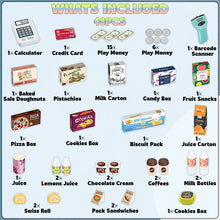 Load image into Gallery viewer, Koolbitz Pretend Play Shop Supermarket Checkout Playset with 48 Accessories for Kids Educational Grocery Store Stand with Realistic Food Items, Cash Register, Scanner, and Mobile Payment Options
