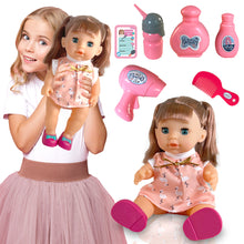 Load image into Gallery viewer, Koolbitz Interactive Baby Doll with Accessories &amp; Lifelike Functions Drinks and Wets, Makes 10 Sounds, Removable Outfit with Hair Dryer, Comb, Bottle, Shoes, Shampoo, and More - Gift for Toddlers Kids
