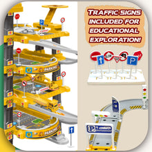 Load image into Gallery viewer, Koolbitz Kids Spiral Parking Garage Playset, 4-Storey Parking Lot with Electric Lift, Carrier Plane, Sound, Light, Ramps, Traffic Signs, Storage Truck, 10 Cars, for Age 3 and Up
