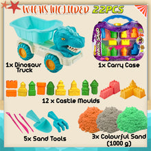Load image into Gallery viewer, Koolbitz 22PCS Kids Beach Sand Toy Set - Includes Dinosaur Dump Truck, Castle Moulds, Sand Tools, and 3 Bright Colours of Sand - Portable Educational Fun for Boys and Girls Ages 3+
