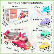 Load image into Gallery viewer, Koolbitz 5 in 1 Car Transport Toy Set for Kids with Light-Up Features Includes Carrier Truck and 4X Play Vehicles Mini Cars - Sounds and Lights - Princess Car Pink Gift for Toddlers Children
