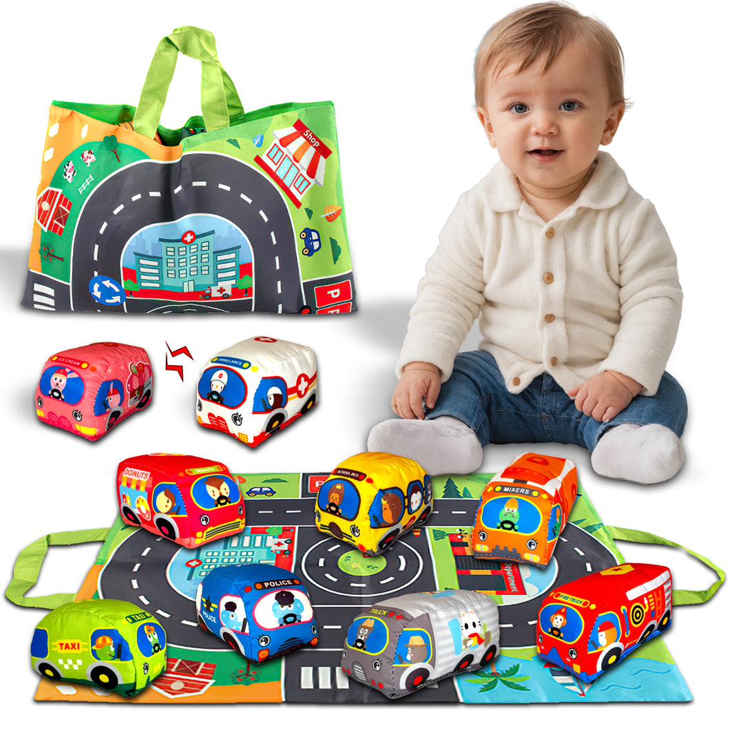 Koolbitz Kids Soft Car Toys with Playmat Storage Bag Infant Baby Toddler Toys Age 12-18 Months 1-2, 1st Birthday Gifts for Boy Girl Baby Kids Pretend Play 6 Baby Cloth Cars Sets