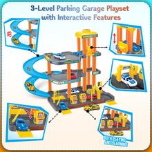 Load image into Gallery viewer, Koolbitz 3 Storey Kids Parking Garage Toys with Playmat, Spiral Track, Car Wash &amp; Die Cast Multi Color Cars with Storage Bag Ideal Birthday, for Kids Age 3+
