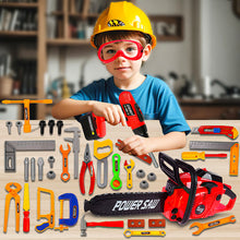 Load image into Gallery viewer, Koolbitz 38 Pcs Kids Construction Tool Playset Toy- Red Chainsaw Toy with Sound Effects, Pretend Drill Toy, Helmet and Accessories Toy- Educational Role Play Toy for Boys and Girls Ages 3+
