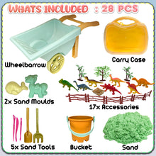 Load image into Gallery viewer, Koolbitz 28 Pcs Beach Toy Wheelbarrow Set with Dinosaur Moulds, Space Sand, Sand Tools, Play Mat &amp; Carry Case Ideal Sandbox and Beach Sandcastle Building Set for Kids Aged 3+ Indoor &amp; Outdoor Play
