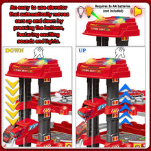 Load image into Gallery viewer, Koolbitz 2-in-1 Garage Parking Lot and Construction Tool Playset for Kids, 4-Story Parking Garage Toy with Lift, Sound, Light, 17pcs Tool Set for Ages 3 and Up
