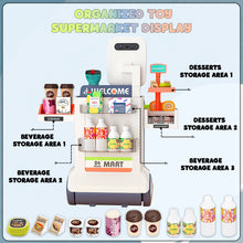 Load image into Gallery viewer, Koolbitz Pretend Play Shop Supermarket Checkout Playset with 48 Accessories for Kids Educational Grocery Store Stand with Realistic Food Items, Cash Register, Scanner, and Mobile Payment Options
