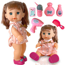 Load image into Gallery viewer, Koolbitz Interactive Baby Doll with Accessories &amp; Lifelike Functions Drinks and Wets, Makes 10 Sounds, Removable Outfit with Hair Dryer, Comb, Bottle, Shoes, Shampoo, and More - Gift for Toddlers Kids
