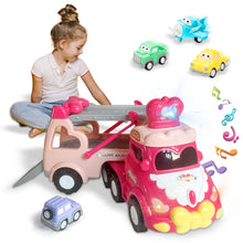 Load image into Gallery viewer, Koolbitz 5 in 1 Car Transport Toy Set for Kids with Light-Up Features Includes Carrier Truck and 4X Play Vehicles Mini Cars - Sounds and Lights - Princess Car Pink Gift for Toddlers Children
