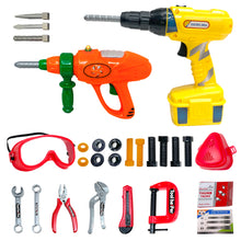 Load image into Gallery viewer, Koolbitz 27PCS Toy DIY Tool Box With Helmet Drill Hammer Wrench Pliers Mask Saw Screwdriver Tape Measure Screws &amp; More Accessories - Children&#39;s Tools Playset Toys
