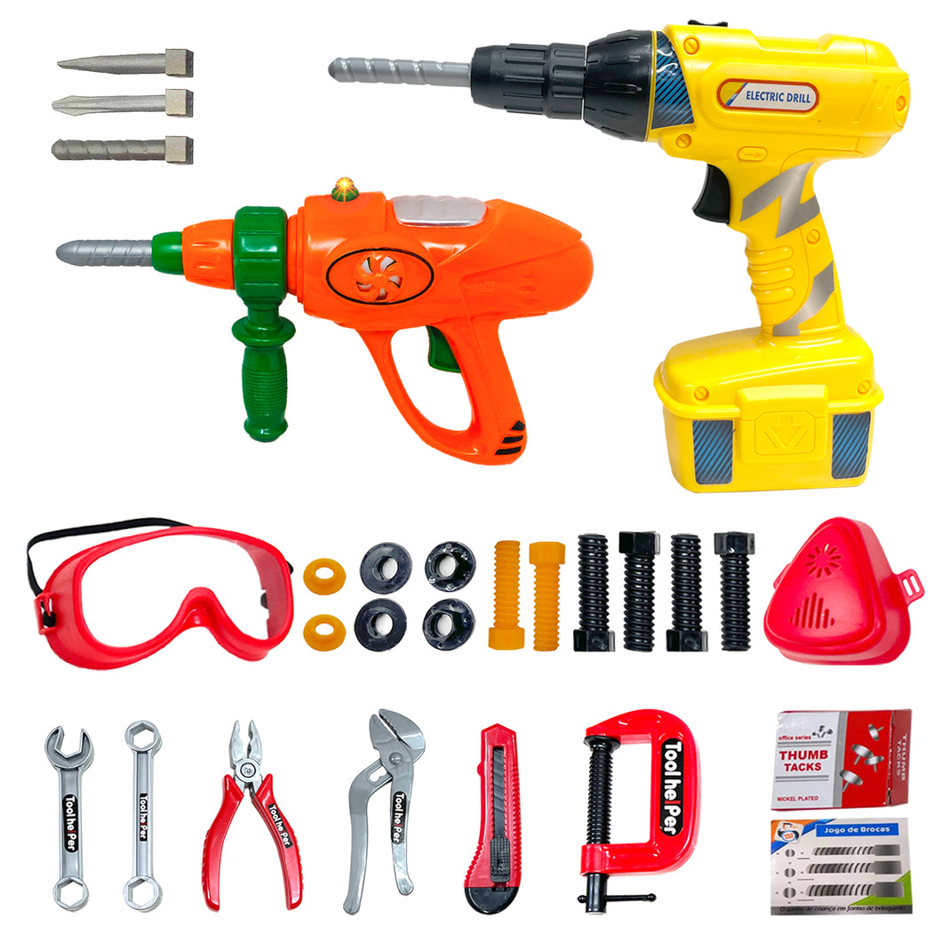 Koolbitz 27PCS Toy DIY Tool Box With Helmet Drill Hammer Wrench Pliers Mask Saw Screwdriver Tape Measure Screws & More Accessories - Children's Tools Playset Toys