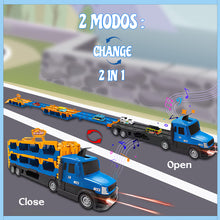 Load image into Gallery viewer, Koolbitz 2-in-1 Extra Large Transforming Truck Playset for Kids Multi-Level Car Carrier with Lights, Sound &amp; Music | 2 Alloy Cars, Road Signs,and Accessories Imaginative Play for Kids Ages 3+
