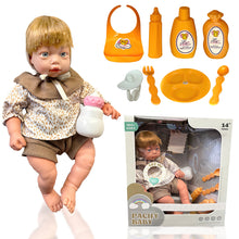 Load image into Gallery viewer, Koolbitz Baby Doll Care Accessories Feeding Playset, 2 Pcs Baby Doll Milk Bottle and Baby Bib, Spoons and Forks and 1 Dinner Plate &amp; Baby lotion, Movable Head Soft Touch Skin Doll Gift for Boy Girl
