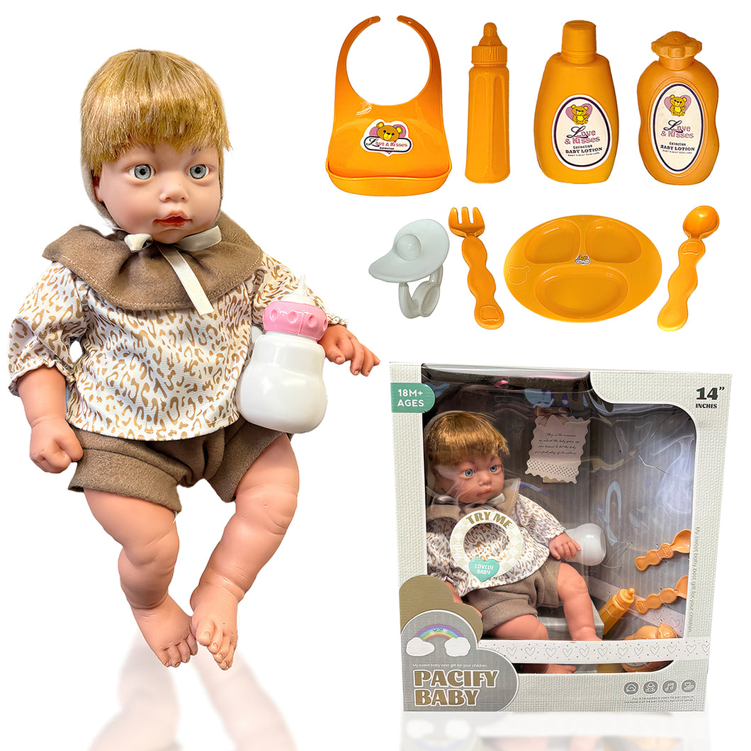 Koolbitz Baby Doll Care Accessories Feeding Playset, 2 Pcs Baby Doll Milk Bottle and Baby Bib, Spoons and Forks and 1 Dinner Plate & Baby lotion, Movable Head Soft Touch Skin Doll Gift for Boy Girl