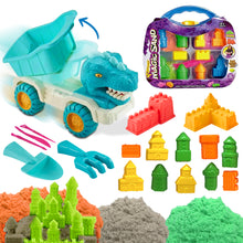 Load image into Gallery viewer, Koolbitz 22PCS Kids Beach Sand Toy Set - Includes Dinosaur Dump Truck, Castle Moulds, Sand Tools, and 3 Bright Colours of Sand - Portable Educational Fun for Boys and Girls Ages 3+
