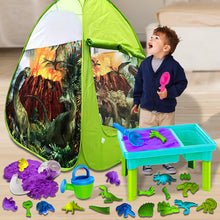 Load image into Gallery viewer, Koolbitz 24 Pcs Dinosaur Sand Playset with Foldable Tent and Sand Table – Includes Random Color Dinosaur Egg, Dinosaur Molds, Tools, and Non-Toxic Sand – Perfect for Children 3 and Up
