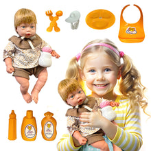 Load image into Gallery viewer, Koolbitz Baby Doll Care Accessories Feeding Playset, 2 Pcs Baby Doll Milk Bottle and Baby Bib, Spoons and Forks and 1 Dinner Plate &amp; Baby lotion, Movable Head Soft Touch Skin Doll Gift for Boy Girl
