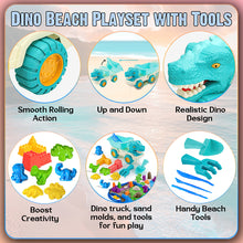 Load image into Gallery viewer, Koolbitz 18 Pcs Kids Dinosaur Theme Magic Beach Sand Play Set Dump Truck, 8 Moulds, 5 Tools, 1kg Sand, and Tray for Indoor Outdoor Play for Kids Ages 3
