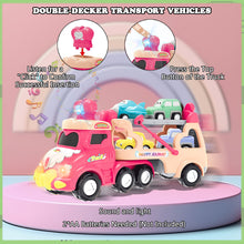 Load image into Gallery viewer, Koolbitz 5 in 1 Car Transport Toy Set for Kids with Light-Up Features Includes Carrier Truck and 4X Play Vehicles Mini Cars - Sounds and Lights - Princess Car Pink Gift for Toddlers Children
