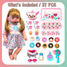 Load image into Gallery viewer, Koolbitz 37 Pcs Pink Baby Doll Set with 12 Sounds &amp; Tea Party set – Includes Talking Baby Doll, Removable Clothes, Kitchen Accessories, Hair Dryer &amp; Pretend Play Items for Kids
