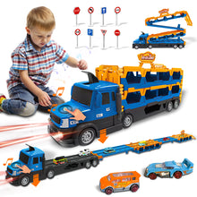 Load image into Gallery viewer, Koolbitz 2-in-1 Extra Large Transforming Truck Playset for Kids Multi-Level Car Carrier with Lights, Sound &amp; Music | 2 Alloy Cars, Road Signs,and Accessories Imaginative Play for Kids Ages 3+
