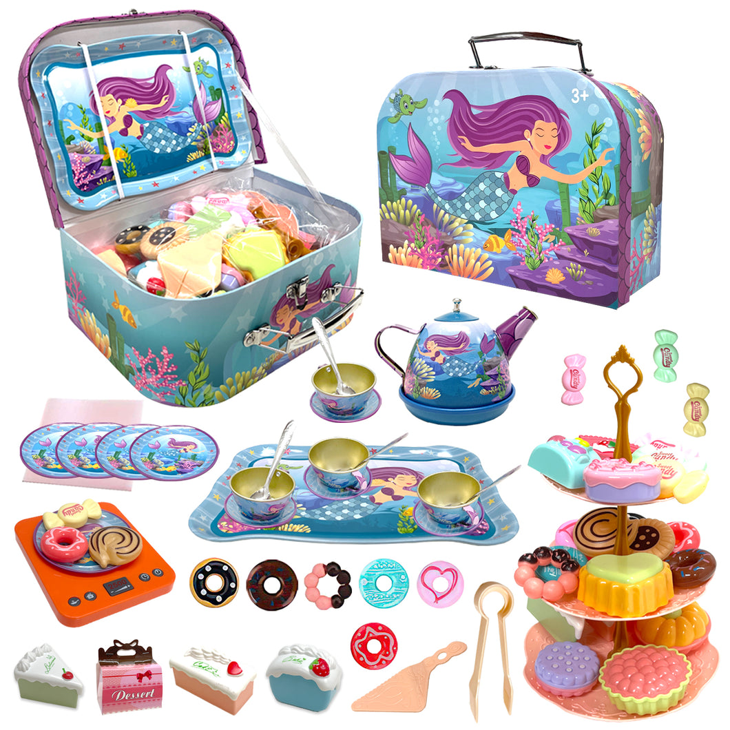 Koolbitz Kids Pretend Play Mermaid Themed Tea Set & Tower Cake Cute 3 Tier Party Cupcake Kids Birthday Party Decorations Supplies & Carrying Case Cake Stand Cupcake Holder Dessert Tower Rounding Serving