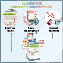 Load image into Gallery viewer, Koolbitz Pretend Play Shop Supermarket Checkout Playset with 48 Accessories for Kids Educational Grocery Store Stand with Realistic Food Items, Cash Register, Scanner, and Mobile Payment Options
