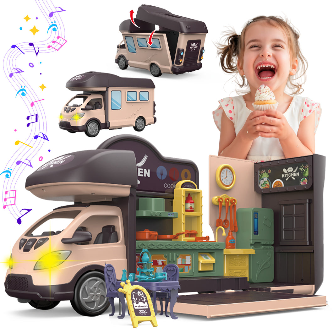 Koolbitz 60Pcs Kids Pretend Play 2 in 1 Bus with Kitchen Miniature Tools & Furniture Accessories, Music & Lights, Fun Playset for Toddlers & Ages 3 and Up