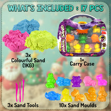 Load image into Gallery viewer, Koolbitz 1KG Motion Play Sand, Combo Pack of 3 Color with Accessories, Improve Skills of Kids, Made, Suitable for Age 3 and up, Non-Toxic Colourful Building Sand Toy for Kids
