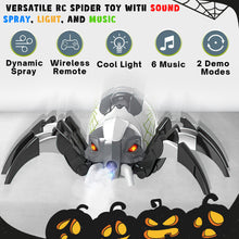 Load image into Gallery viewer, Koolbitz Interactive RC Spider Toy with Music, Light, and Mist Spray Effects Robotic Spider for Kids with Remote Control - Birthday Halloween Christmas Easter Toys for Kids Indoor Outdoor Fun
