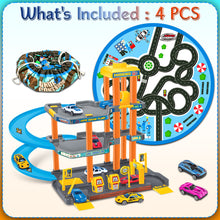 Load image into Gallery viewer, Koolbitz 3 Storey Kids Parking Garage Toys with Playmat, Spiral Track, Car Wash &amp; Die Cast Multi Color Cars with Storage Bag Ideal Birthday, for Kids Age 3+

