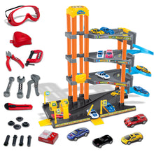 Load image into Gallery viewer, Koolbitz 4-Story Parking Garage Toy Set with Lift, Spiral Ramps, Fuel Station, 4 Cars &amp; 17 Pcs Construction Tool Kit for Kids Ages 3+, Educational Playsets for Boys &amp; Girls
