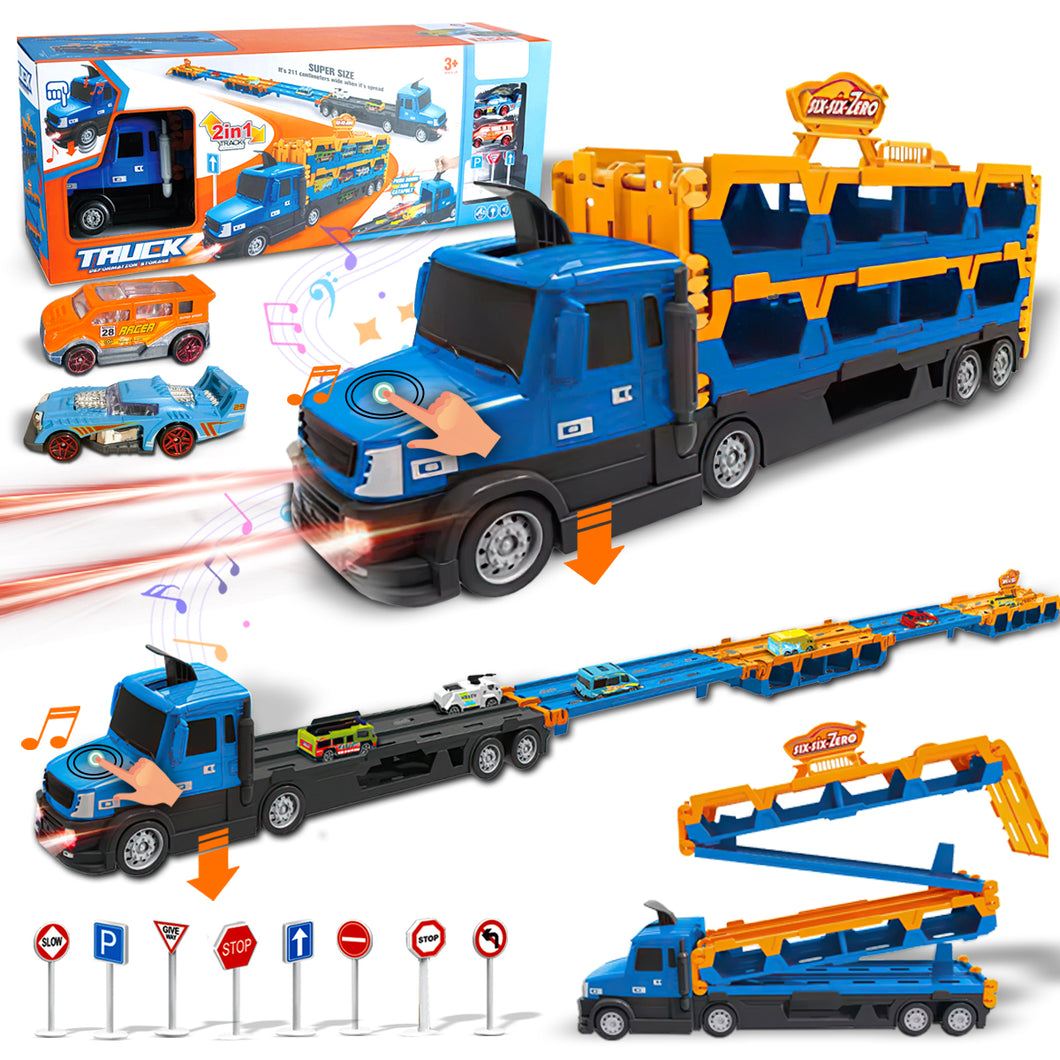 Koolbitz 2-in-1 Extra Large Transforming Truck Playset for Kids Multi-Level Car Carrier with Lights, Sound & Music | 2 Alloy Cars, Road Signs,and Accessories Imaginative Play for Kids Ages 3+
