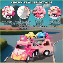 Load image into Gallery viewer, Koolbitz 5 in 1 Car Transport Toy Set for Kids with Light-Up Features Includes Carrier Truck and 4X Play Vehicles Mini Cars - Sounds and Lights - Princess Car Pink Gift for Toddlers Children
