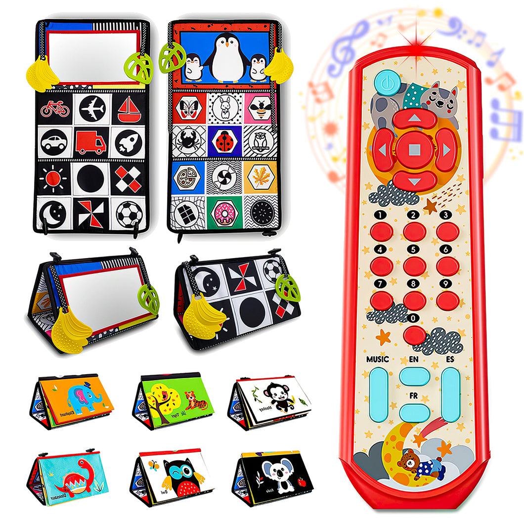 Koolbitz Baby Sensory Playset, 2-in-1 Cloth Book with Mirror, Crinkle Sounds Teether and Multilingual Musical Toy for Ages 3 Months above