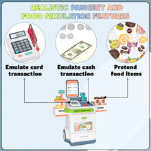 Load image into Gallery viewer, Koolbitz Pretend Play Shop Supermarket Checkout Playset with 48 Accessories for Kids Educational Grocery Store Stand with Realistic Food Items, Cash Register, Scanner, and Mobile Payment Options
