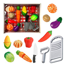 Load image into Gallery viewer, Koolbitz Pretend Play Food Set Fruit and Vegetable Cutting Toys Play Set for Kids with Vegetable Tray, Carrot, Corn, Pepper, Lettuce, Potato, Mushroom, knife &amp; Grater Kids Kitchen Role Play Playset
