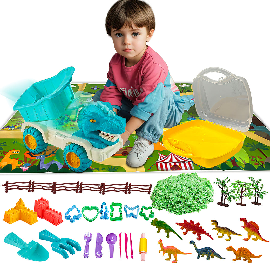 Koolbitz 34PCs Dinosaur Beach Sand Play Set with Space Sand and Carpet Mat - Complete Creative Play Kit with Moulds, Tools, Shovels and Accessories - Indoor and Outdoor Toys for Kids Ages 3+